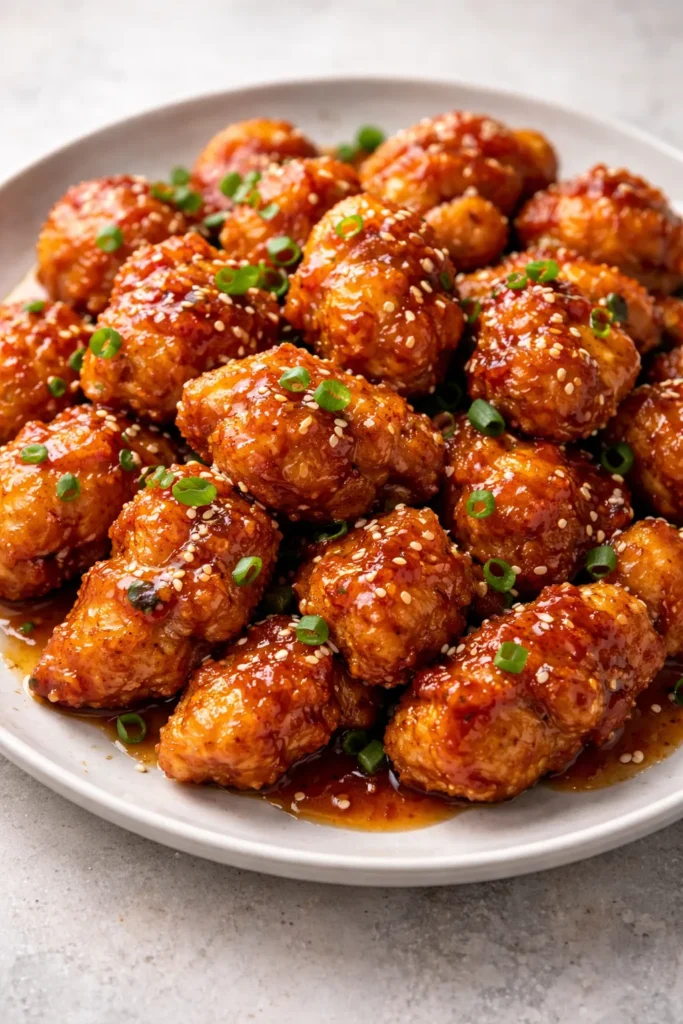 Crispy glazed chicken pieces with honey garlic sauce on a plate