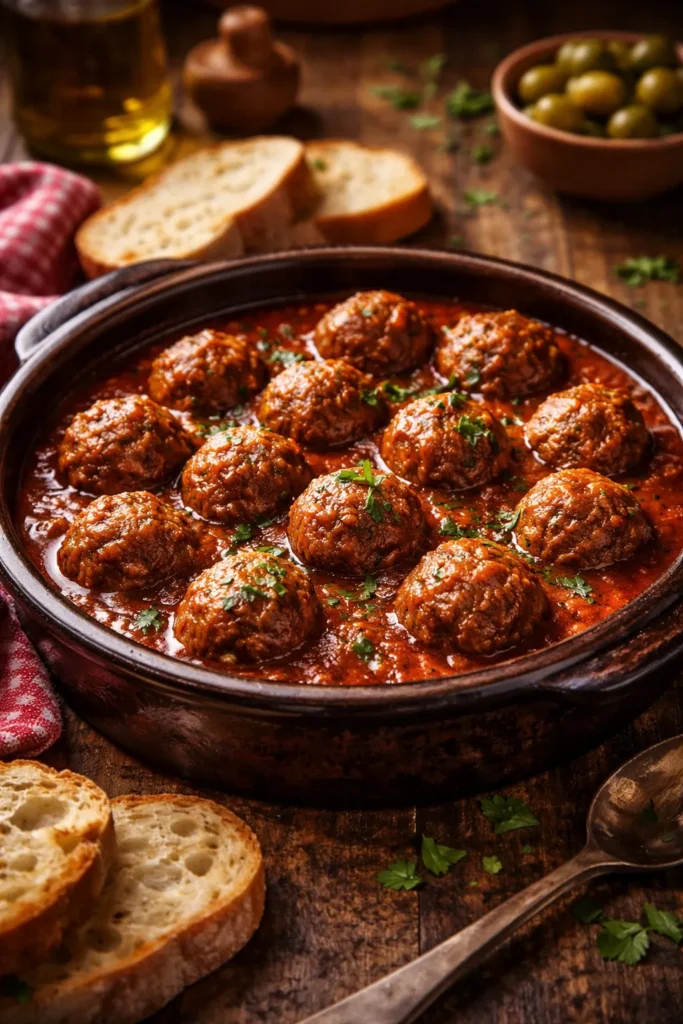 Close-up of albondigas in smoky tomato sauce in a clay cazuela
