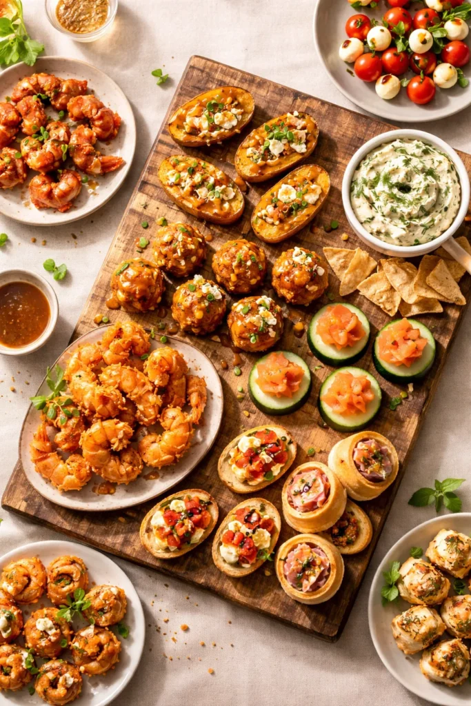 Eight bite-sized appetizers on a rustic board showcasing variety and texture