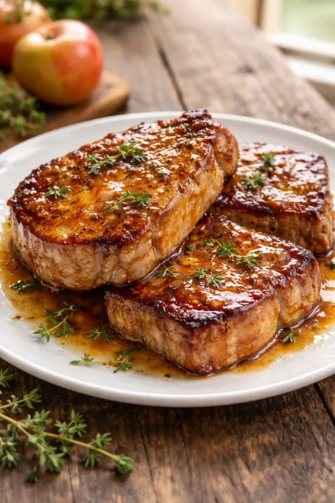 Glazed pork chops with thyme and apple glaze on a white plate