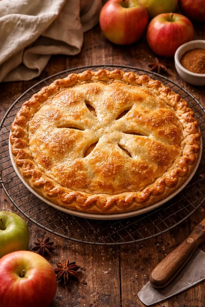 A whole double-crust apple pie with a golden flaky pastry and decorative vents.