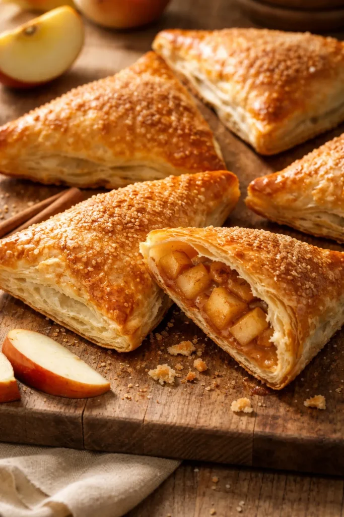 Golden apple cinnamon turnovers on a wooden surface