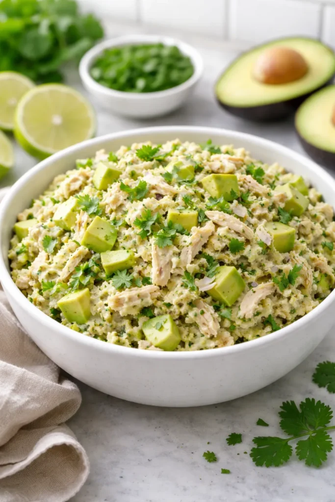 Avocado Chicken Salad in white bowl with mashed avocado