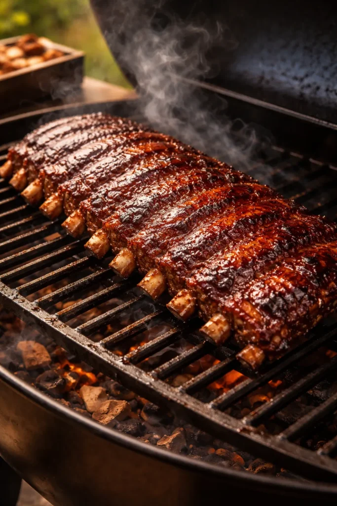 Close-up of smoky baby back ribs with lacquered bark on a rack