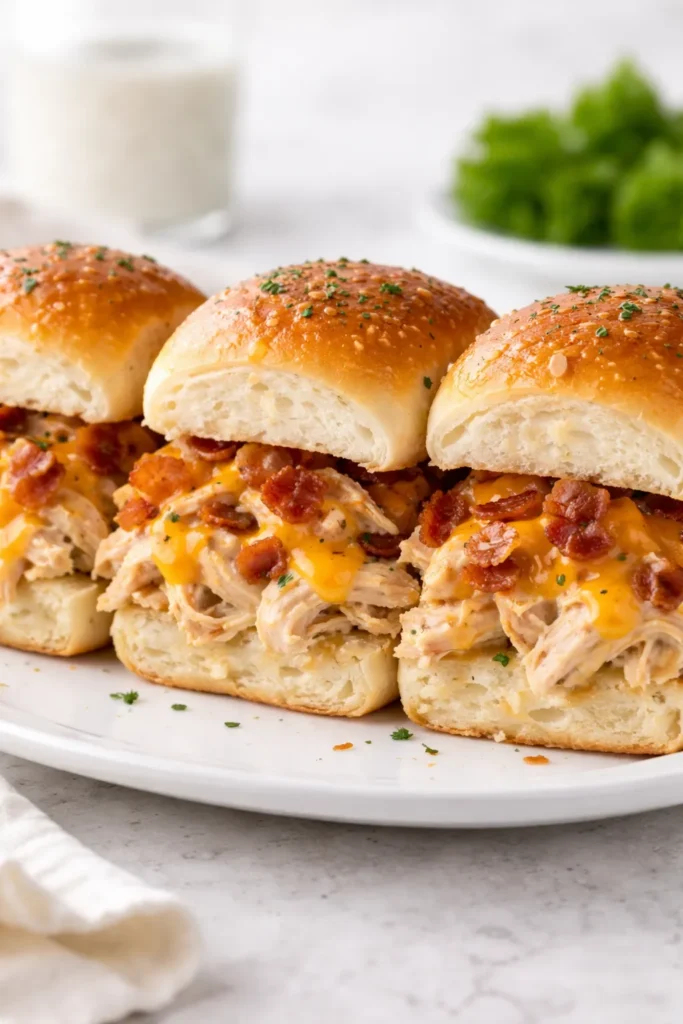 Three bacon ranch chicken sliders on a white plate
