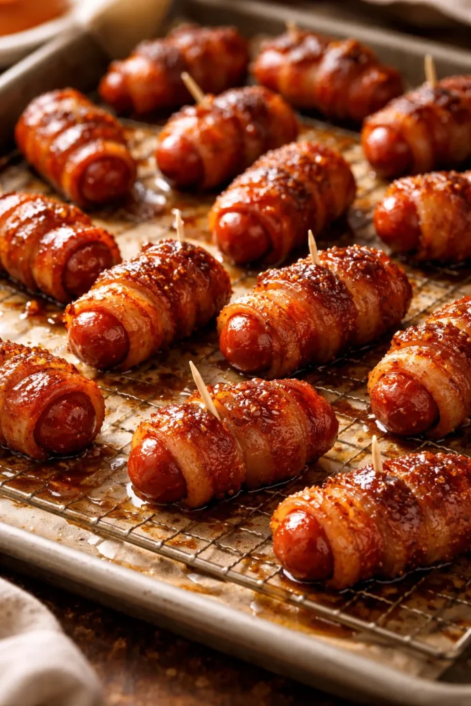 Close-up of bacon-wrapped smokies with glossy glaze on a baking sheet