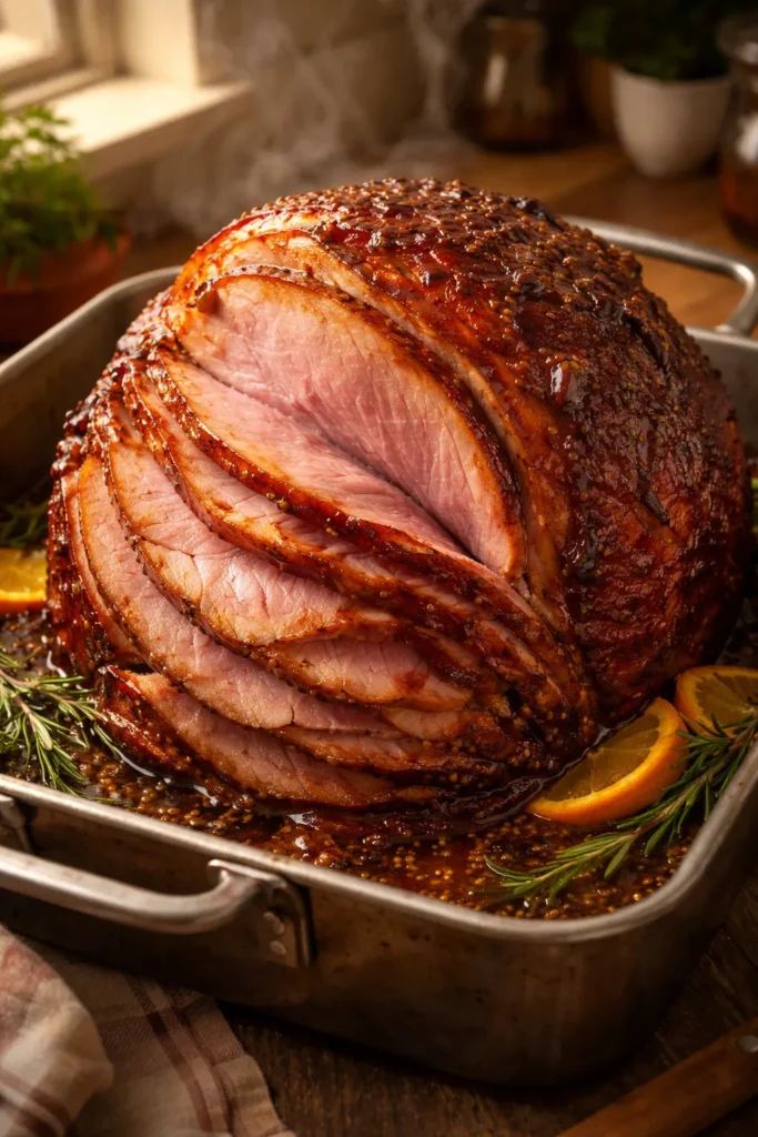 Glazed baked ham in roasting pan with maple Dijon glaze
