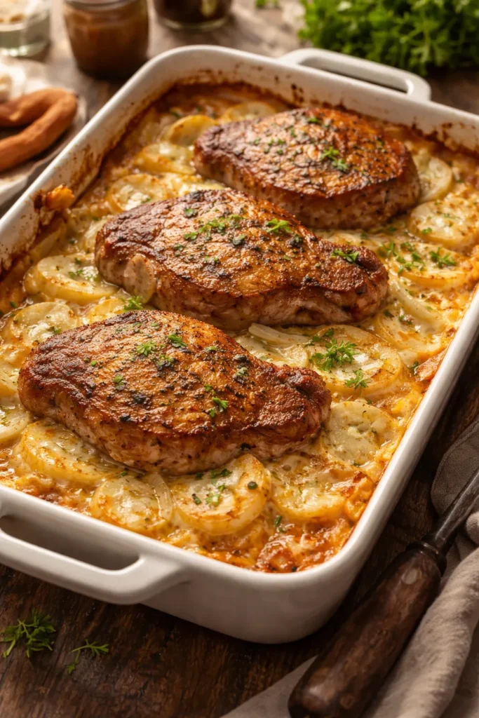 Baked pork chop atop creamy scalloped potatoes in a baking dish with warm lighting