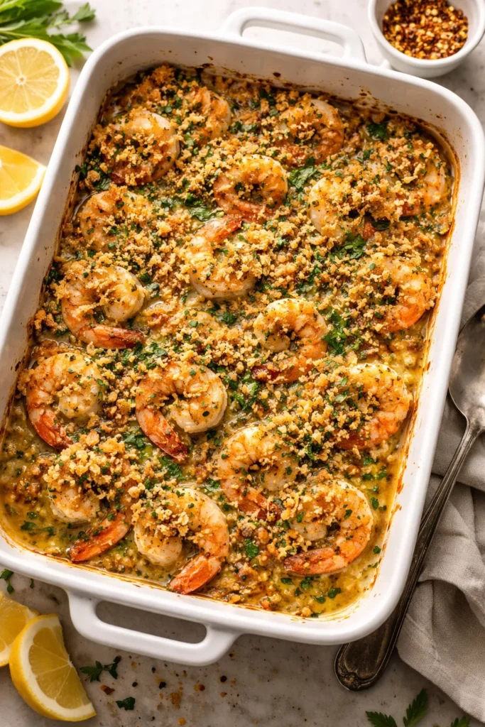 Shrimp with golden breadcrumb topping in a baking dish