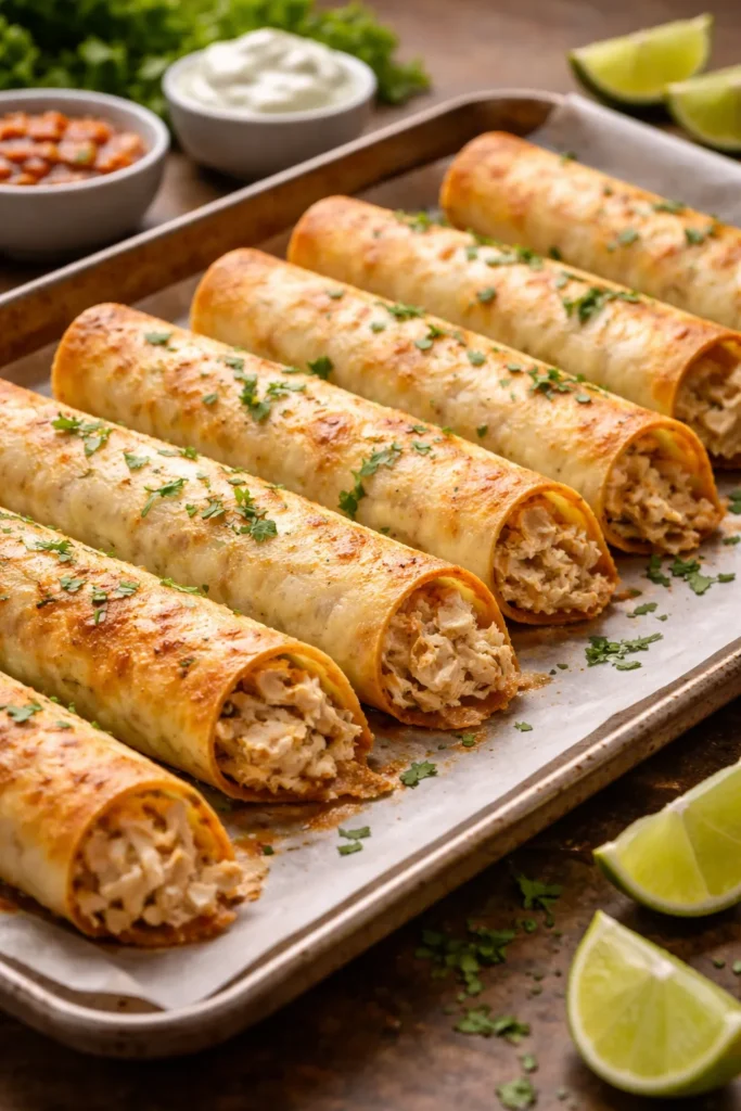 Rolled baked chicken taquitos on parchment-lined sheet pan, golden and crisp