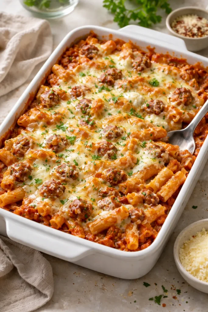 Baked ziti with sausage and melted cheese in a baking dish