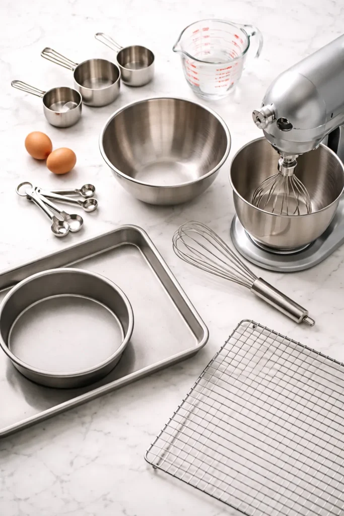 Essential baking tools arranged neatly on a counter