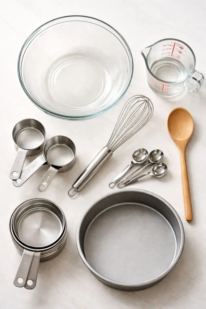 Flat lay of baking equipment for chocolate cake