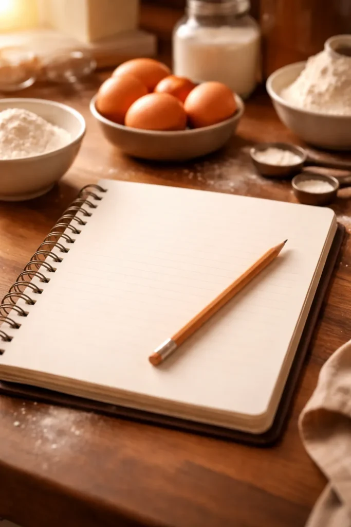Blank baking notebook open on counter with pencil for records