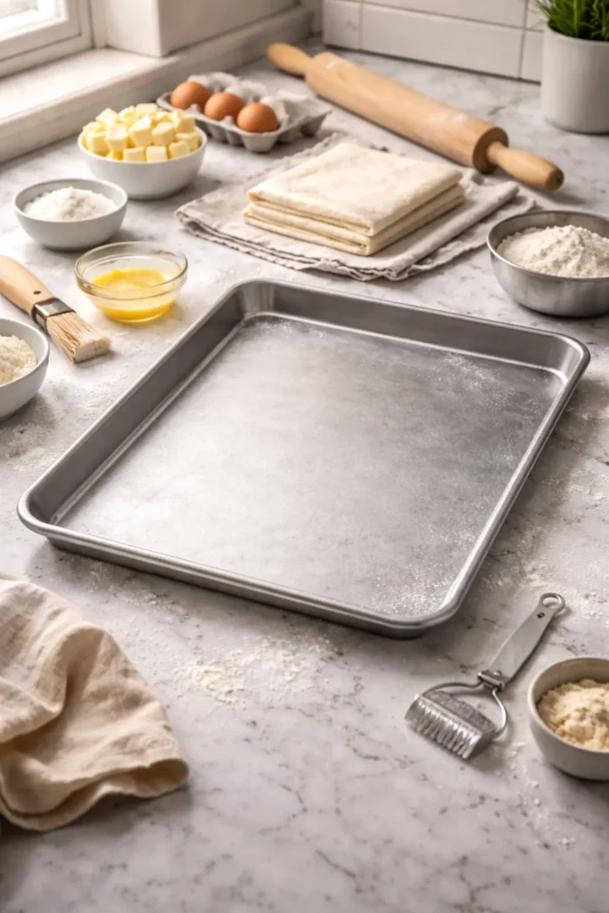 Empty metal baking sheet on a clean surface ready for use