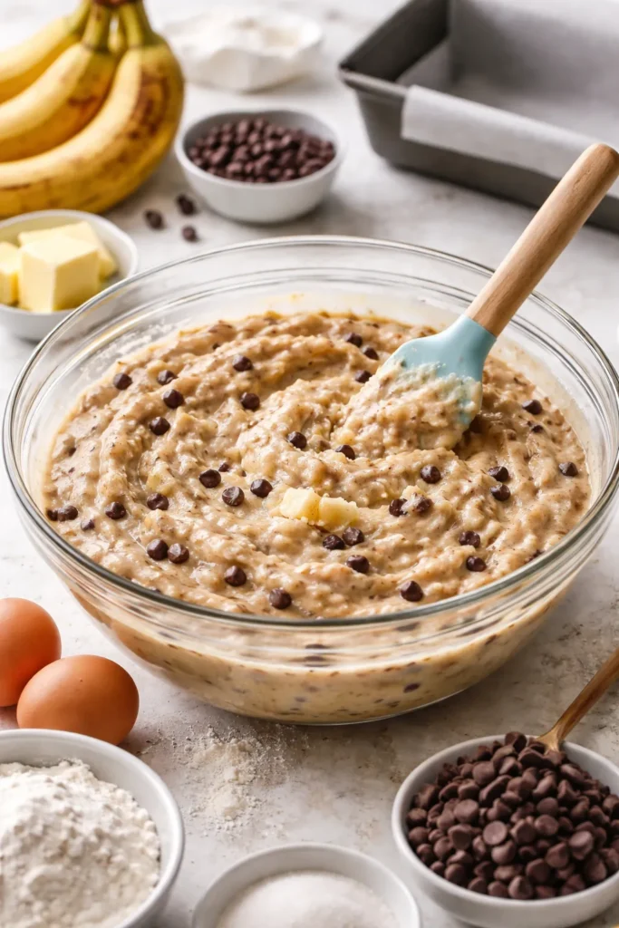 Batter with mashed bananas in a bowl