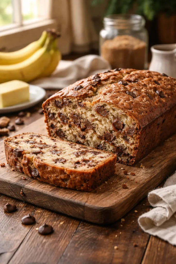 Close-up of chocolate chip banana bread loaf on wooden board