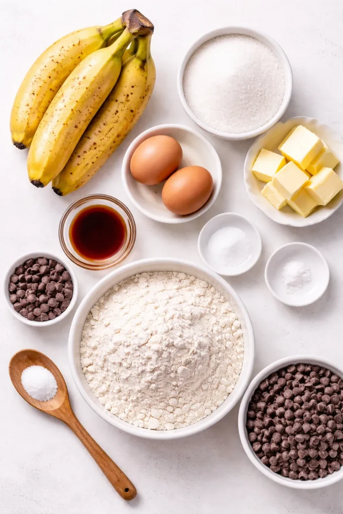 Flat lay of banana bread ingredients