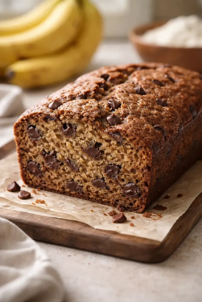 Close-up of banana bread loaf showing dense crumb and cracked top to illustrate common baking mistakes