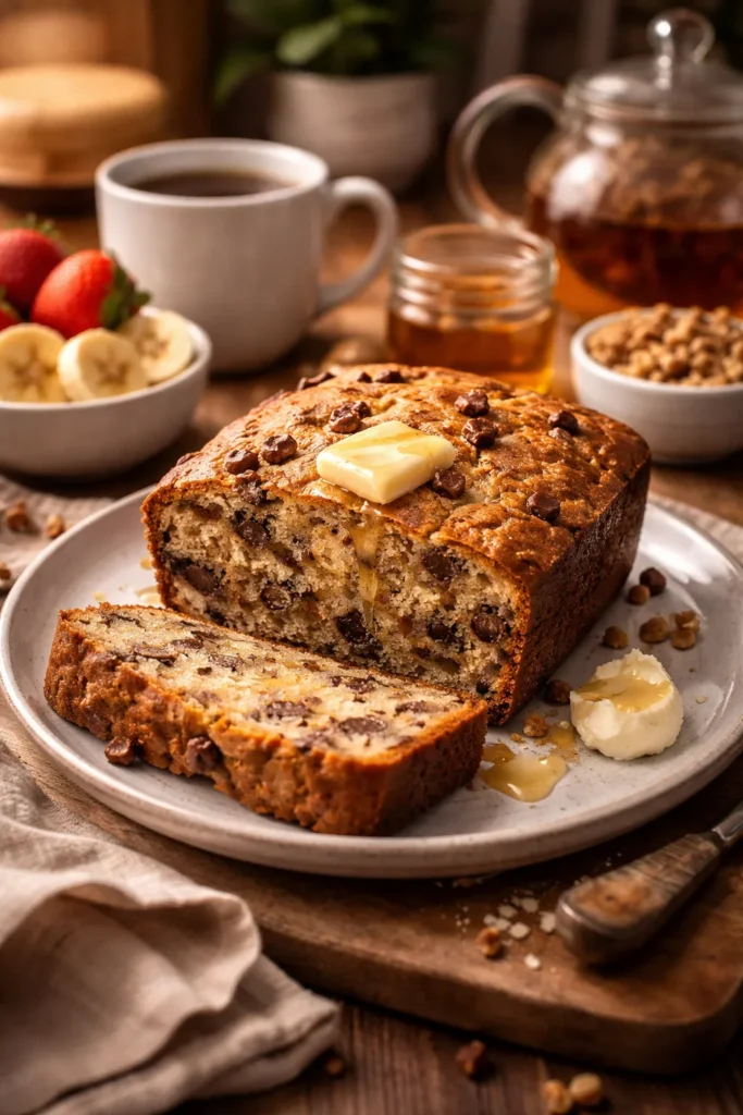 Banana bread slice with melting butter on a plate
