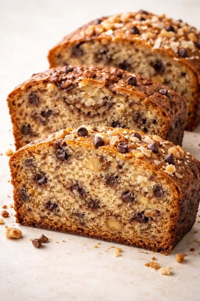 Cross-section of banana bread with marbled crumb and chocolate chips