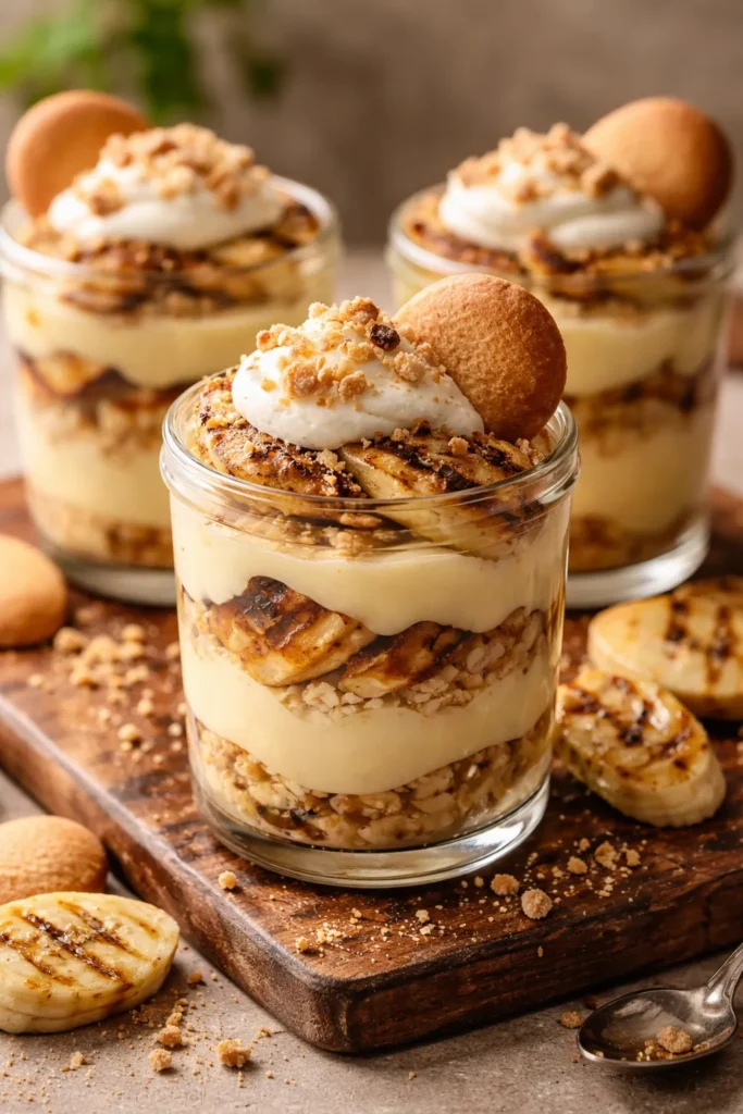 Dessert glass with grilled banana slices and vanilla pudding