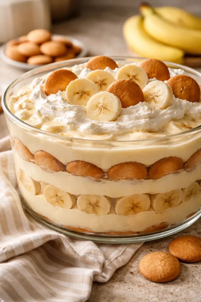Layered banana pudding with banana slices and vanilla wafers in a glass dish.