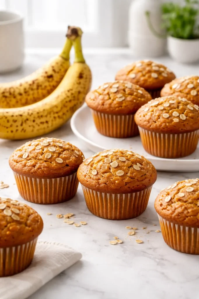 Moist pumpkin banana muffins on a white plate with a ripe banana