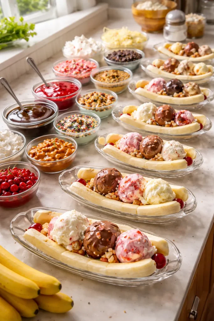 Banana splits lined up with toppings ready for assembly