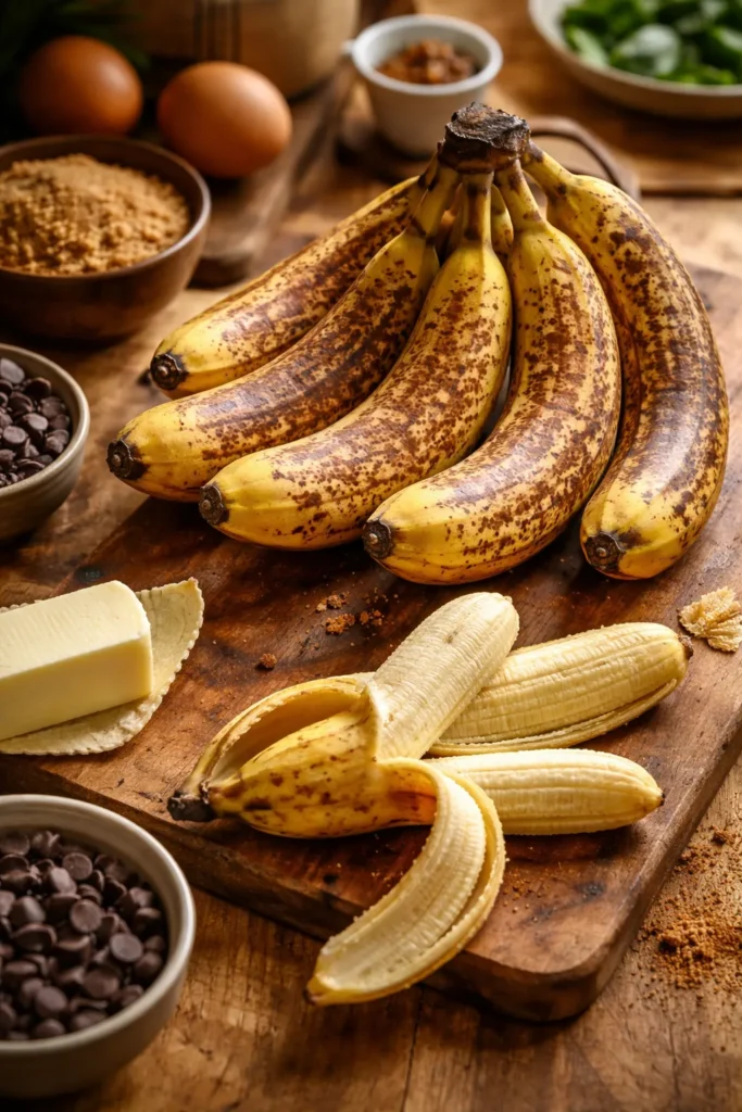 Overripe bananas on a wooden counter