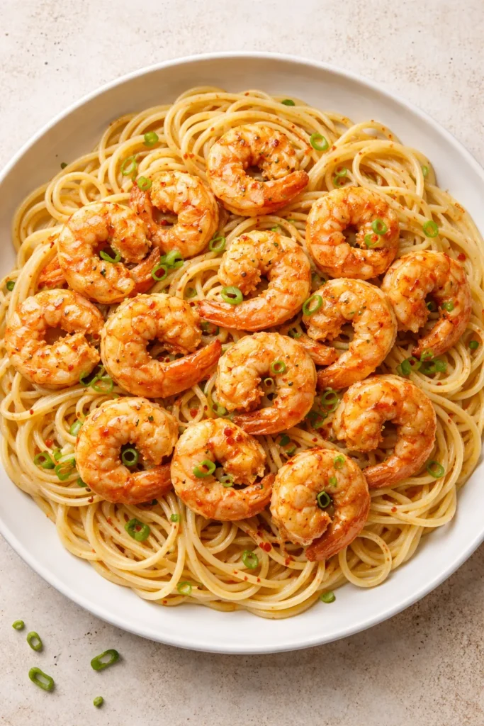 Shrimp over pasta with pink bang bang sauce
