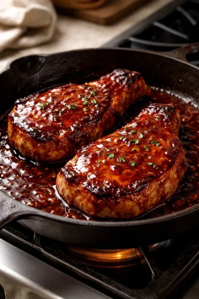 Pork chops in glossy barbecue sauce in a cast-iron skillet