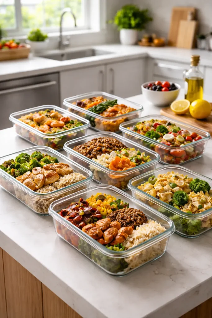 Meal-prep containers on a kitchen island illustrating batch cooking for weeknights