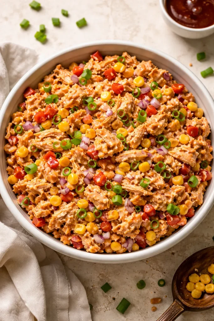 BBQ Chicken Salad with corn and red onion in bowl