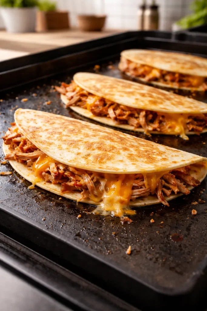 Quesadilla with melted cheese on a hot griddle