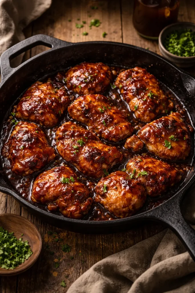 BBQ glazed chicken in a cast-iron skillet with caramelized edges.