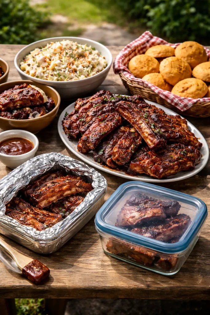 Assorted BBQ sides on wooden table with foil-wrapped dish and leftovers container
