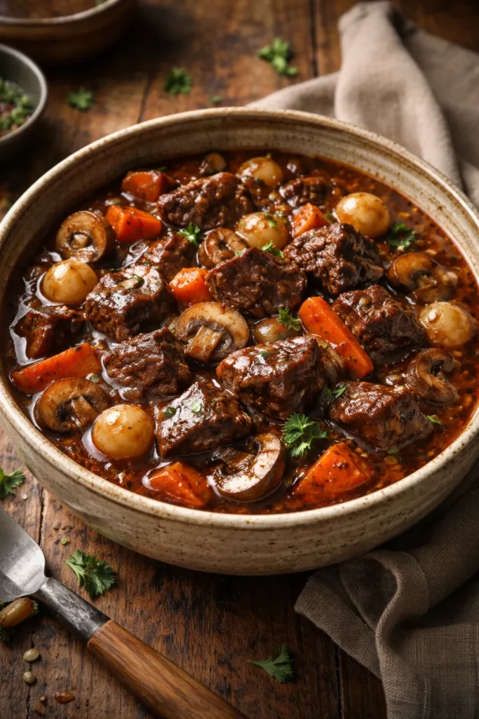 Beef bourguignon in a rustic bowl with onions