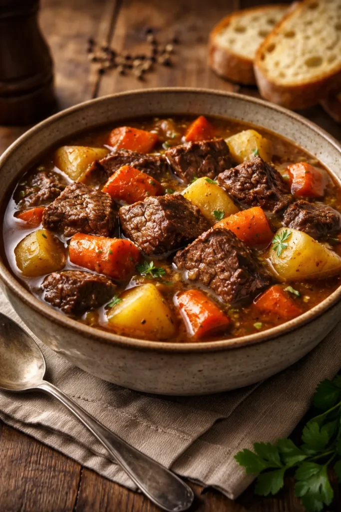 Rustic bowl of beef stew with beef, carrots, potatoes in brown gravy