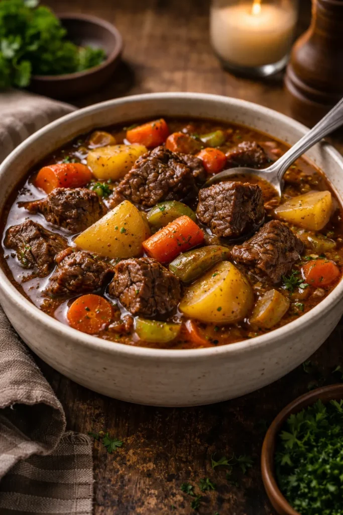 Beef and vegetable stew in a bowl with potatoes and carrots