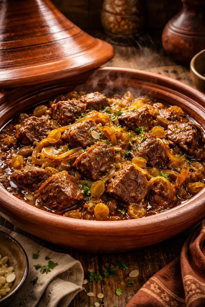 Beef tagine with caramelized onions and raisins in a traditional Moroccan dish