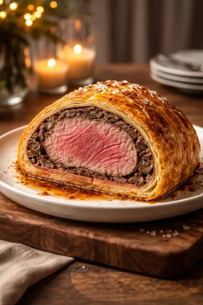 Beef Wellington with golden crust and pink center on a plate.
