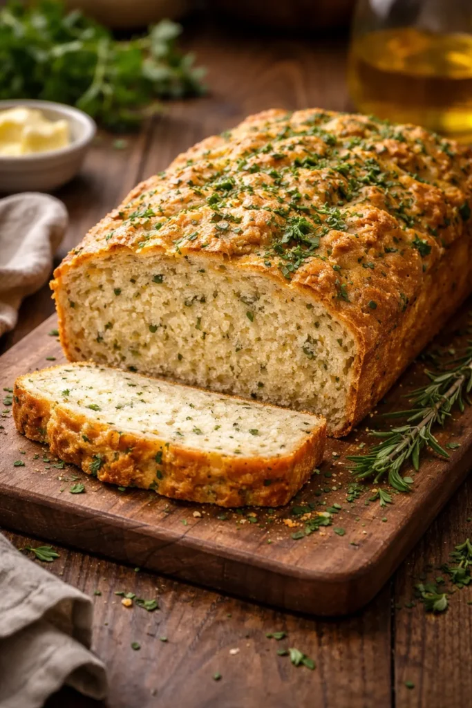 Crusty beer bread with herbs on a wooden surface