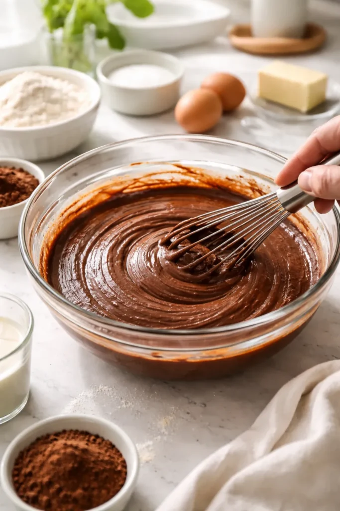 Hand whisk blending batter in a glass bowl in bright kitchen