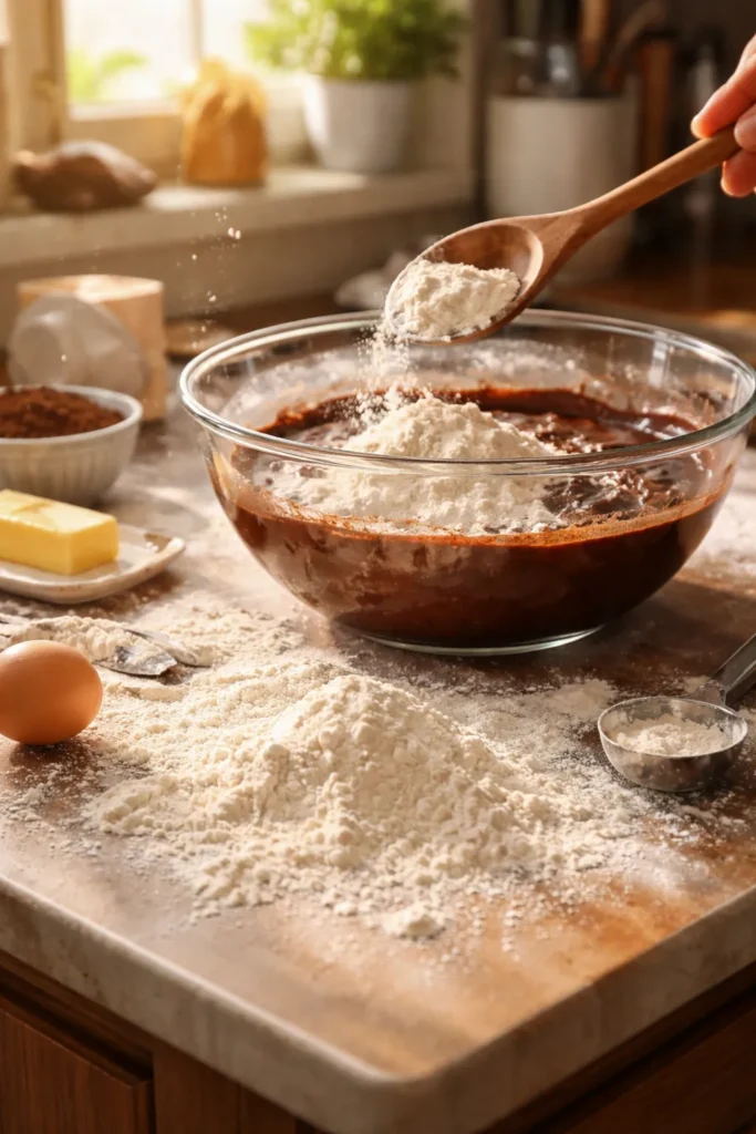 Close-up of flour spill with wooden spoon over mixing bowl in warm kitchen
