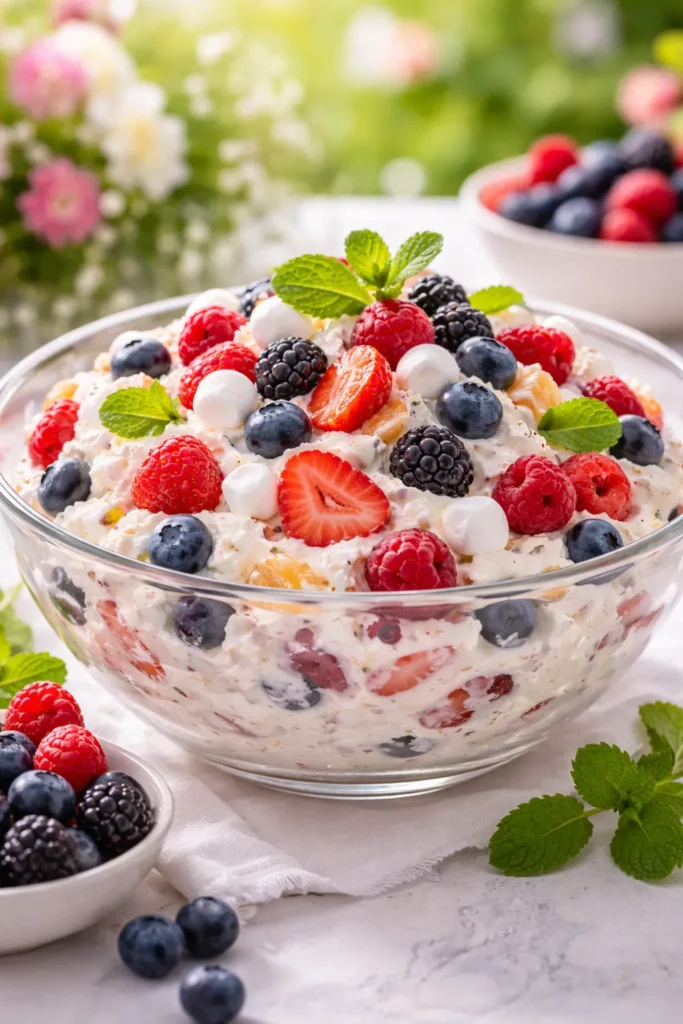 Berry ambrosia salad with strawberries, blueberries, and raspberries in cream