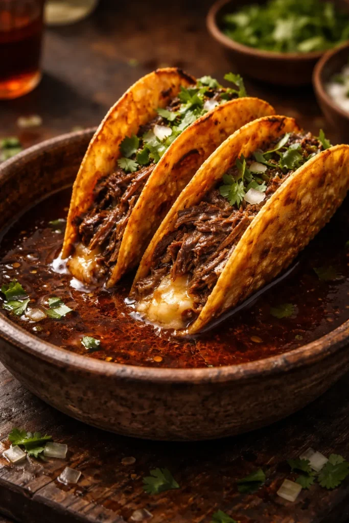 Birria tacos dipped in consommé in a rustic setting.