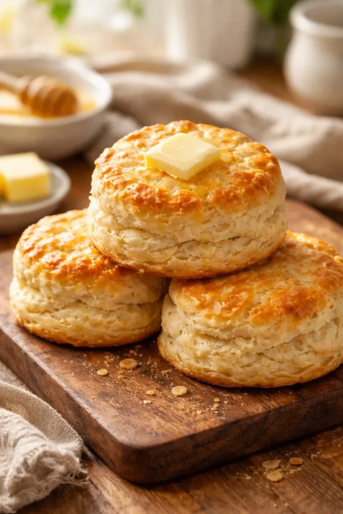 Three fluffy golden biscuits with melted butter on a wooden surface in bright kitchen light