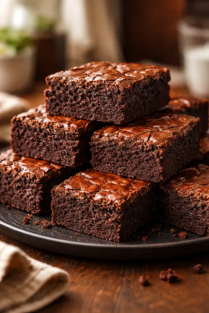 Fudgy chocolate brownies on a dark plate in warm kitchen light