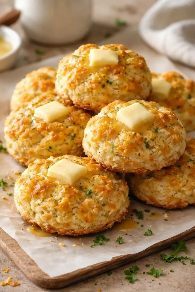 Stack of golden cheddar bay biscuits with melted butter